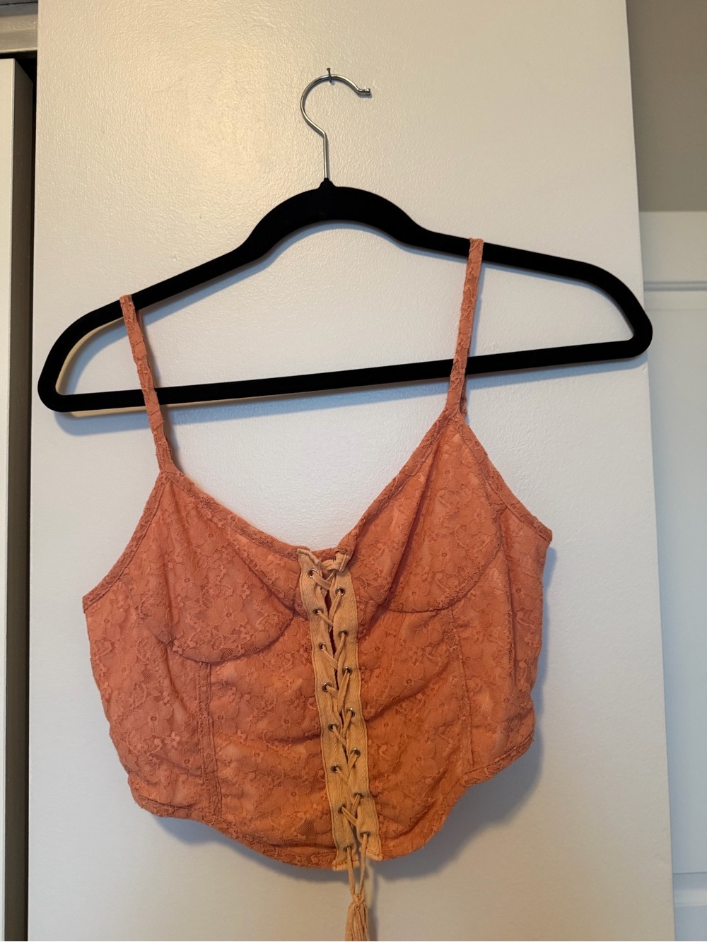 Cider Rust Lace Eyelet Lace-Up Crop Cami Top